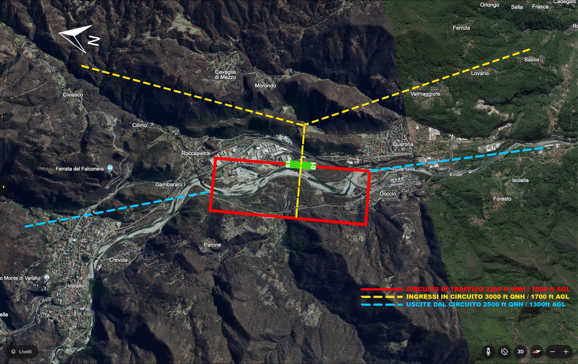 Cartina VC-07 Roccapietra: circuito di traffico 2300 ft QNH, ingressi in circuito 3000 ft QNH, uscite dal circuito 2500 ft QNH lungo il fiume Sesia